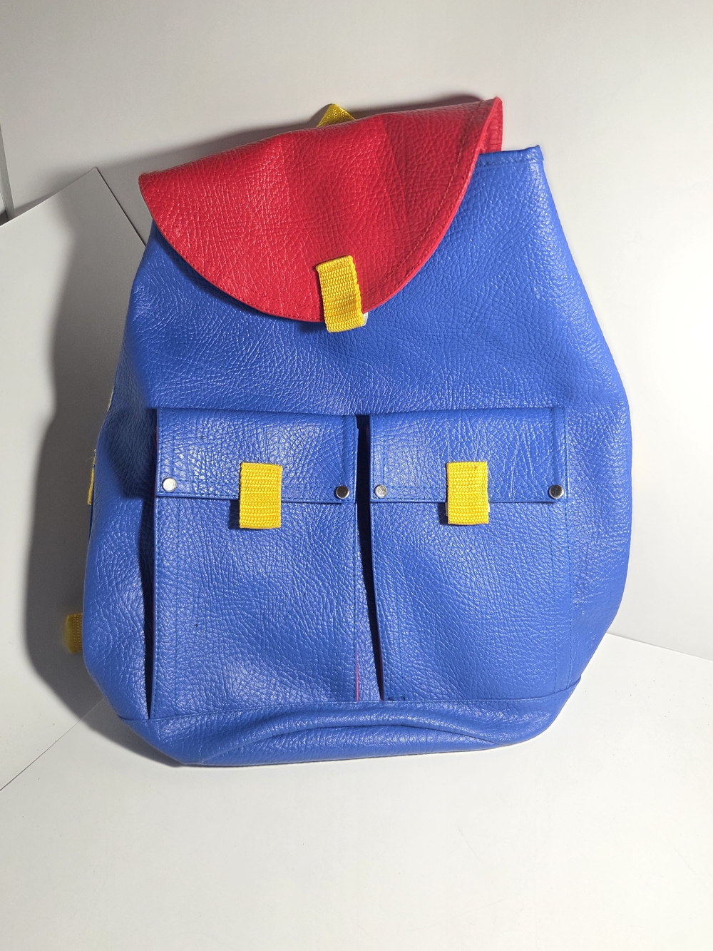 Vintage 90s Color Block Backpack Blue Red Yellow Faux Leather